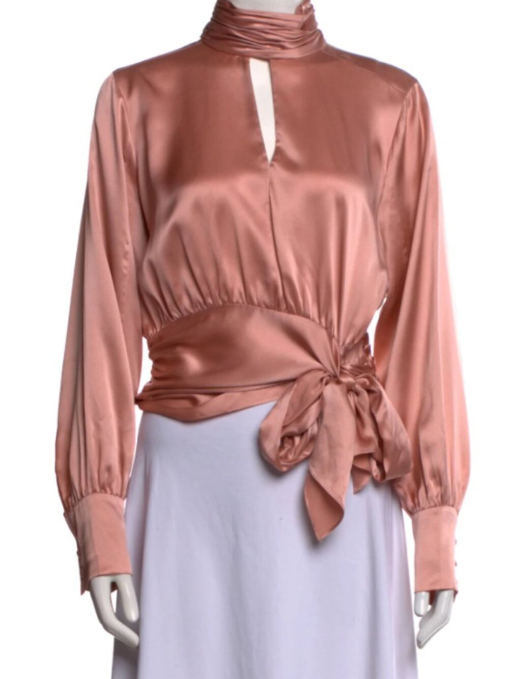 Cinq à Sept Structured Flowing Rose Silk Blouse High Neck Waist Tie Size M NWOT